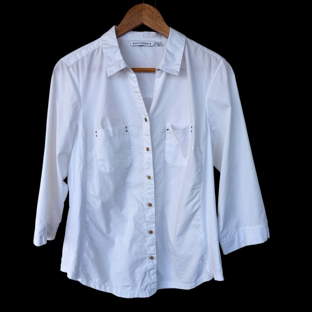 Emily Daniels Womens White Button Front Shirt 3/4 Sleeve Stretch Sz L Classic